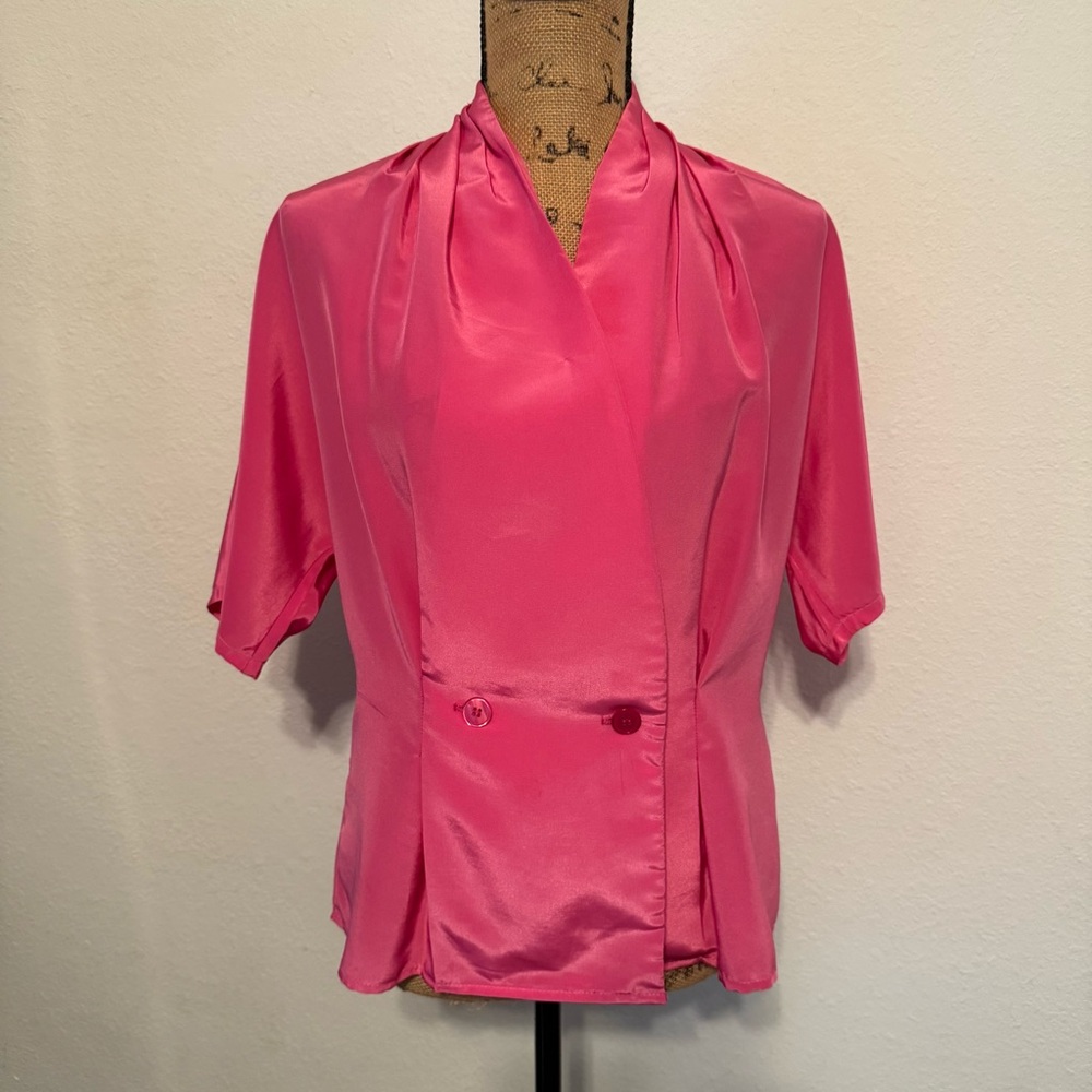 Stefani Owen’s short sleeve Bright Pink Wrap Blouse Size 10